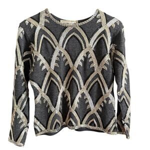90s Vintage Adrienne Vittadini Gray & Black Art Deco Beaded Sweater Small Petite